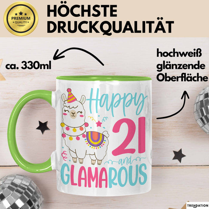 21er Geburtstag Tasse Geschenk Happy 21 And Glamarous Llama Alpaka Liebhaber Geschenkidee zum Geburtstag Grün Trendation