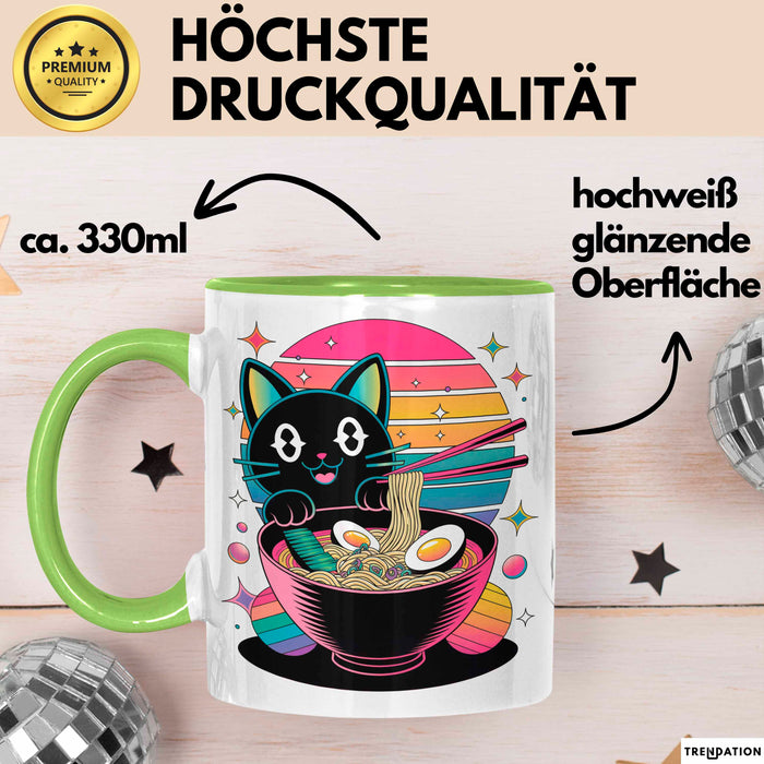 Katzen Tierliebhaber Tasse Geschenk Lustige Geschenkidee Spruch Katze Isst Ramen Nudeln Grün Trendation
