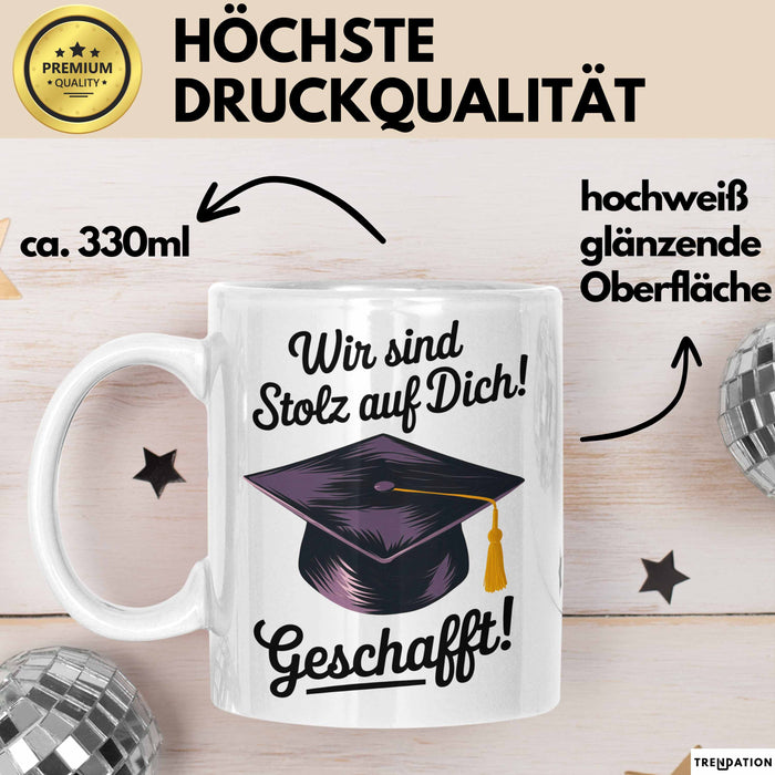 Schüler Abschluss Tasse Geschenk Lustige Geschenkidee Spruch Wir Sind Stolz Auf Dich Geschafft Weiß Trendation