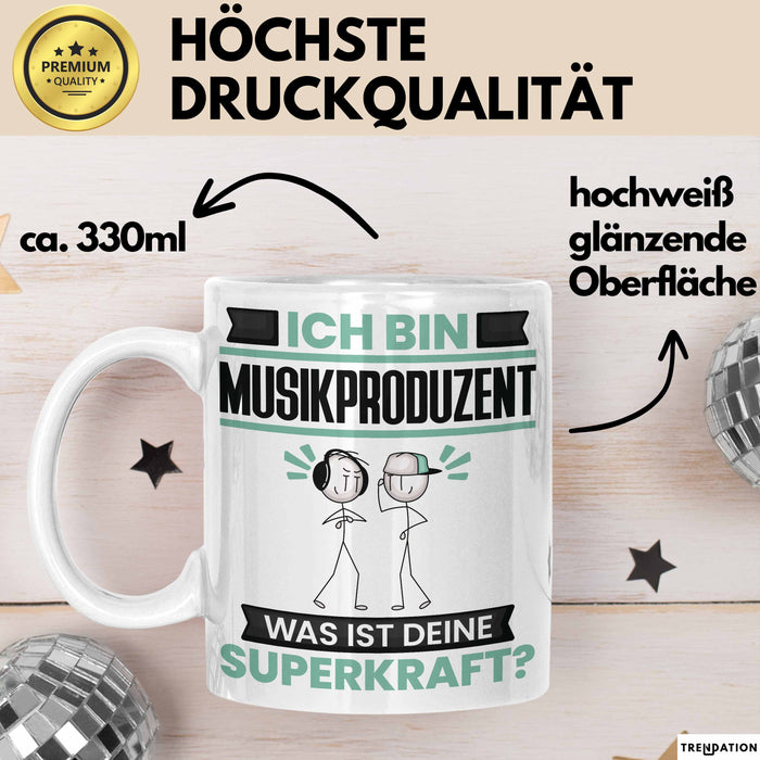 Musikproduzent Tasse Geschenk für Musikproduzent Geburtstag Lustiger Spruch Kaffee-Becher Was Ist Deine Superkraft Weiß Trendation