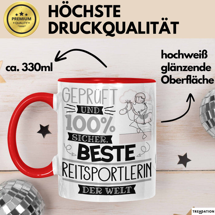Beste Reitsportlerin Der Welt Tasse Geschenk für Eine Reitsportlerin Geprüft Und Sicher Geschenkidee Geburtstag Weihnachten Rot Trendation