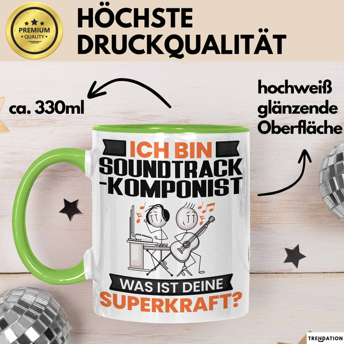 Soundtrack-Komponist Tasse Geschenk für Soundtrack-Komponist Geburtstag Lustiger Spruch Kaffee-Becher Was Ist Deine Superkraft Grün Trendation