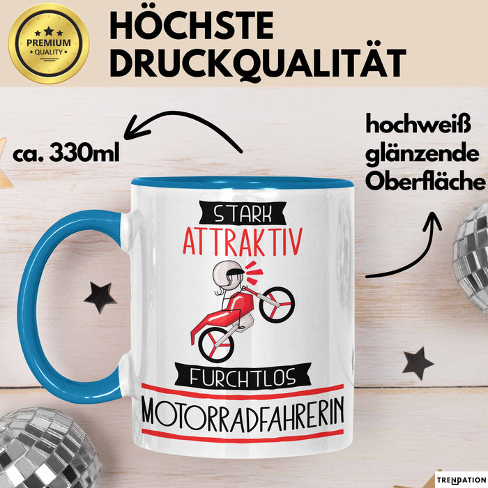 Motorradfahrerin Tasse Geschenk Becher Stark Attraktiv Furchtlos Motorradfahrerin Lustige Geschenkidee Blau Trendation