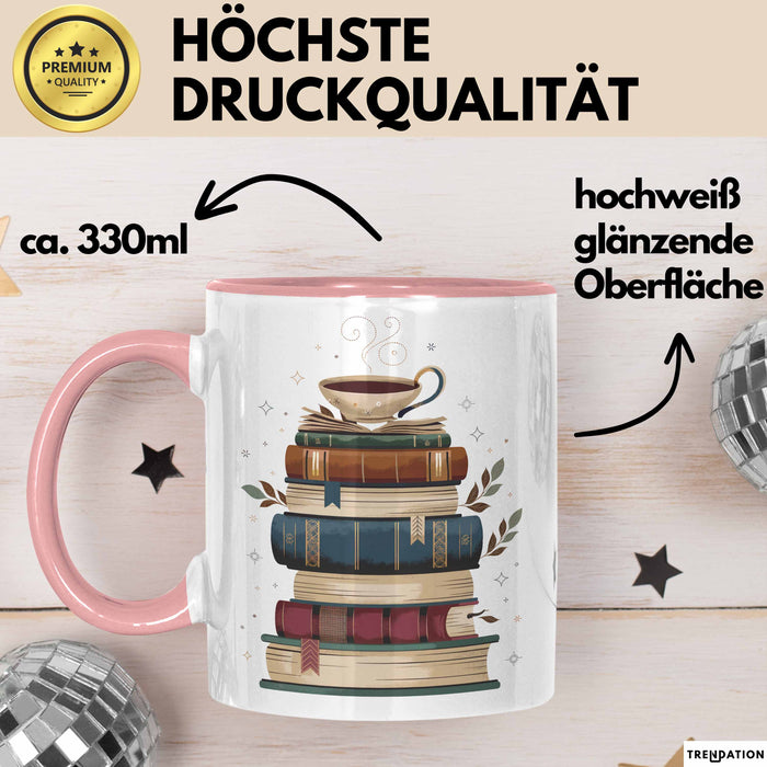 Bücherwurm Tasse Geschenkidee für Vielleser Lustiger Spruch Rosa Trendation