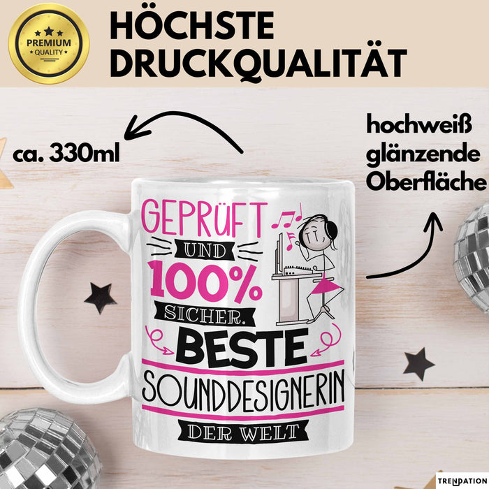 Beste Sounddesignerin Der Welt Tasse Geschenk für Eine Sounddesignerin Geprüft Und Sicher Geschenkidee Geburtstag Weihnachten Weiß Trendation