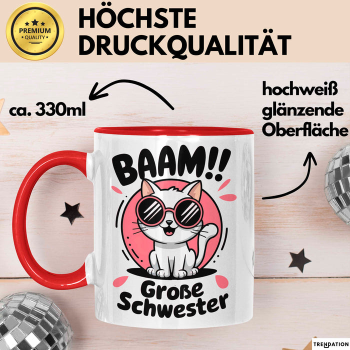 Big Sister Ältere Geschwister Schwestern Katze Tasse Becher Geschenk Lustige Geschenkidee Spruch Big Sister Rot Trendation