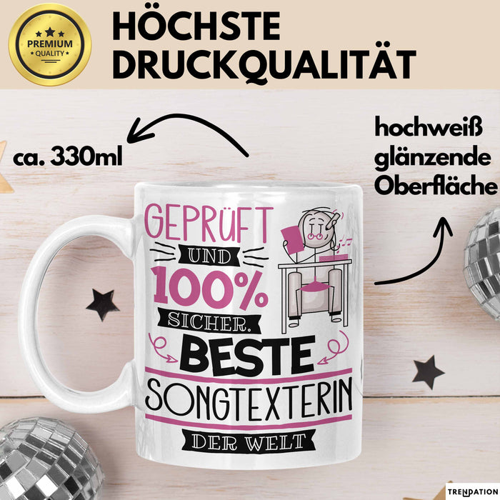 Beste Songtexterin Der Welt Tasse Geschenk für Eine Songtexterin Geprüft Und Sicher Geschenkidee Geburtstag Weihnachten Weiß Trendation