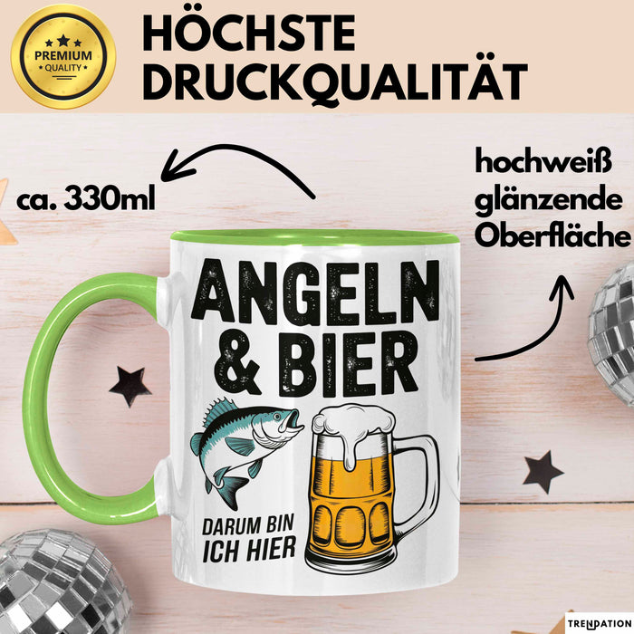 Angeln Fischer Bierliebhaber Tasse Geschenk Lustige Geschenkidee Spruch Angeln Und Bier Darum Bin Ich Hier Grün Trendation