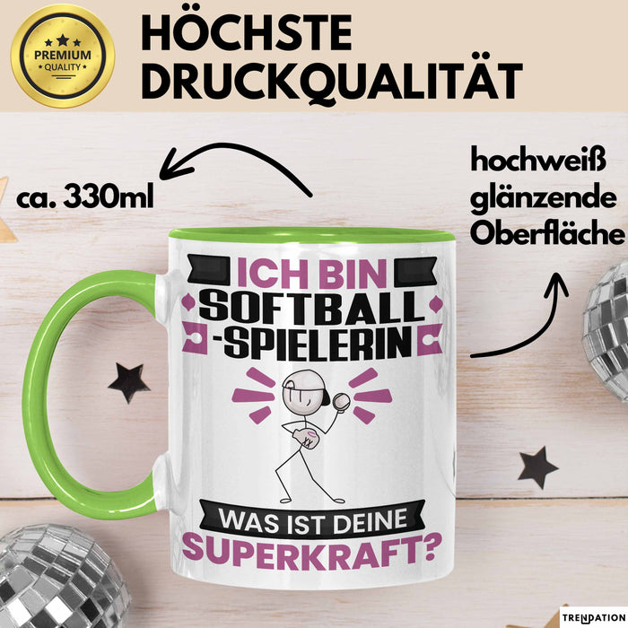 Softballspielerin Tasse Geschenk für Softballspielerin Geburtstag Lustiger Spruch Kaffee-Becher Was Ist Deine Superkraft Grün Trendation