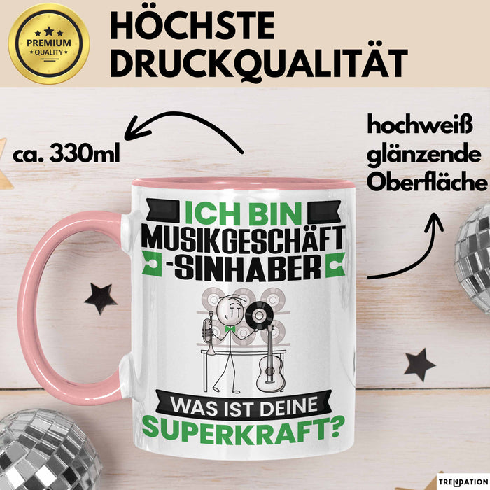 Musikgeschäftsinhaber Tasse Geschenk für Musikgeschäftsinhaber Geburtstag Lustiger Spruch Kaffee-Becher Was Ist Deine Superkraft Rosa Trendation