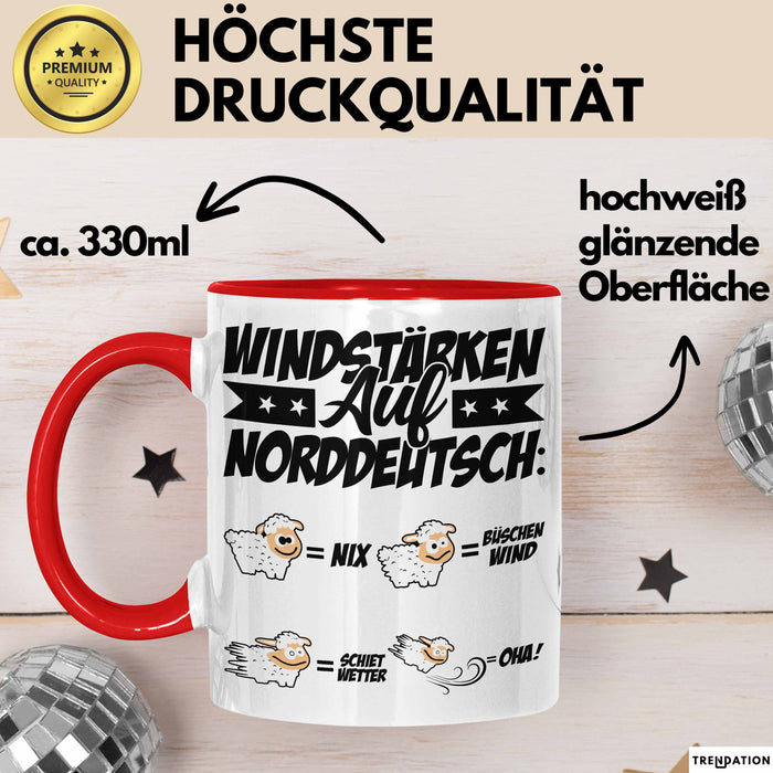 Norddeutsche Tasse Geschenk Windstärken Schaf Kaffee-Becher Geschenkidee Rot Trendation