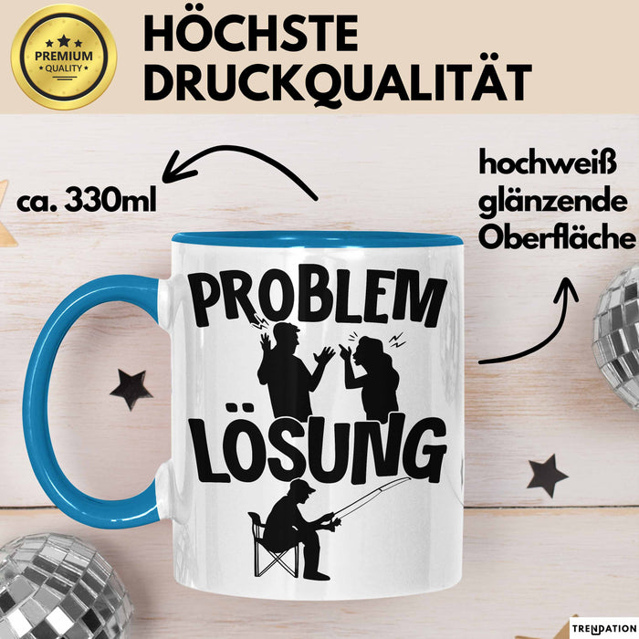 Angler Tasse Geschenk für Fischer Angler Männer Geschenkidee Problem und Lösung Angeln Spruch Blau Trendation
