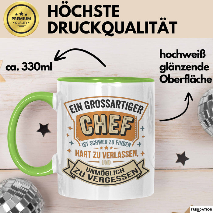 Büroarbeit Kollege Chef Tasse Geschenk Lustige Geschenkidee Spruch Ein Grossartiger Chef Ist Schwer Zu Finden Grün Trendation