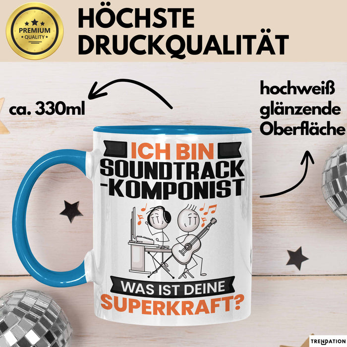 Soundtrack-Komponist Tasse Geschenk für Soundtrack-Komponist Geburtstag Lustiger Spruch Kaffee-Becher Was Ist Deine Superkraft Blau Trendation