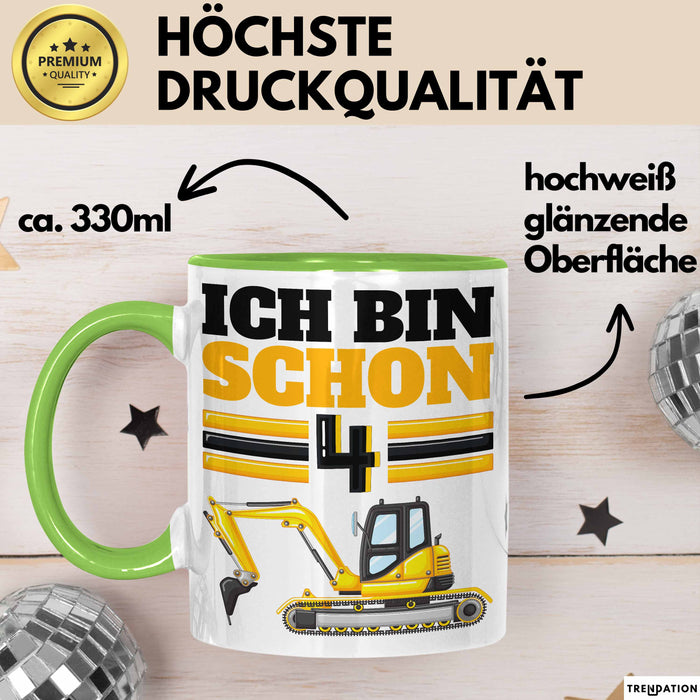 4. Geburtstag Geschenk Tasse Becher Jungs Bagger Ich Bin Schon 4 Grün Trendation