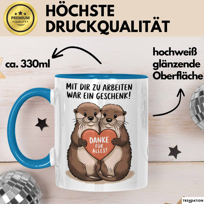 Büroarbeit Kollege Abschied Tasse Geschenk Lustige Geschenkidee Spruch Mit Dir Zu Arbeiten War Ein Geschenk Danke Für Alles Blau Trendation