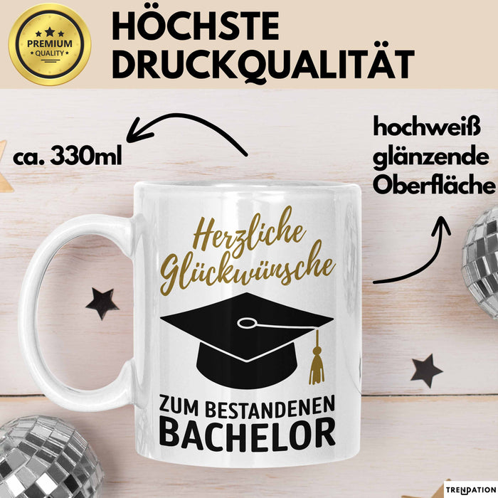 Schüler Abschluss Tasse Geschenk Lustige Geschenkidee Spruch Herzliche Glückwünsche Zum Bestandenen Bachelor Weiß Trendation