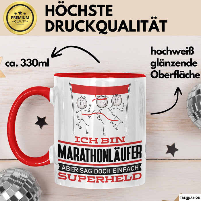Marathonläufer Geschenk Tasse Ich Bin Marathonläufer Aber Sag Doch Einfach Superheld Lustige Geschenkdiee für Marathonläufer Kaffee-Becher Rot Trendation