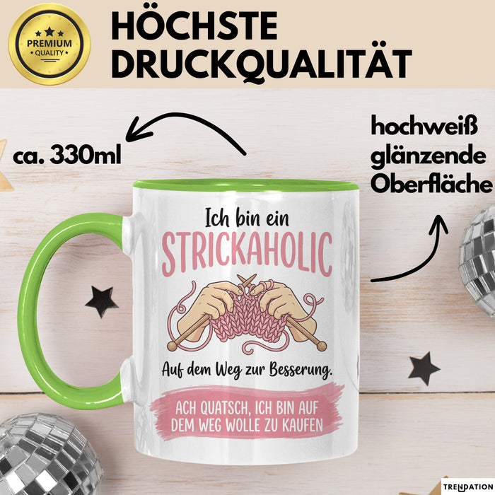 Stricken Tasse Geschenk Strickaholic Auf Dem Weg Zur Besserung Geschenkidee Hobby Grün Trendation