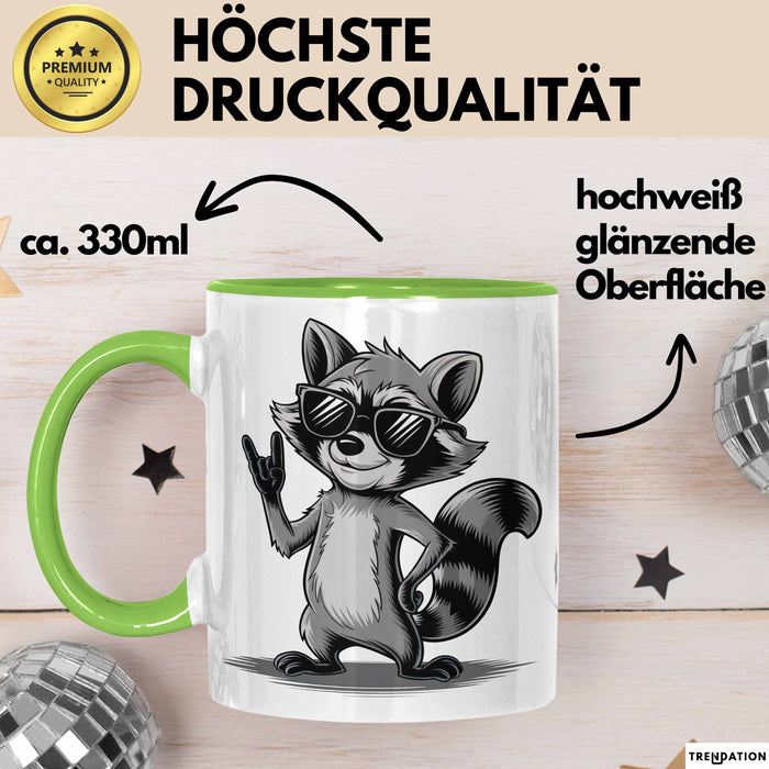 Waschbär Rockmusik Tasse Geschenk für Tiermusikliebhaber Grün Trendation