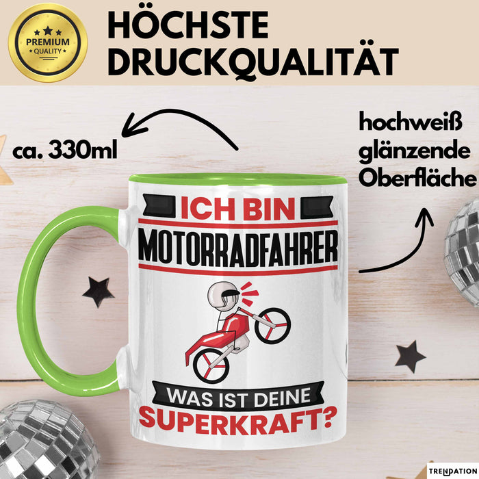 Motorradfahrer Tasse Geschenk für Motorradfahrer Geburtstag Lustiger Spruch Kaffee-Becher Was Ist Deine Superkraft Grün Trendation