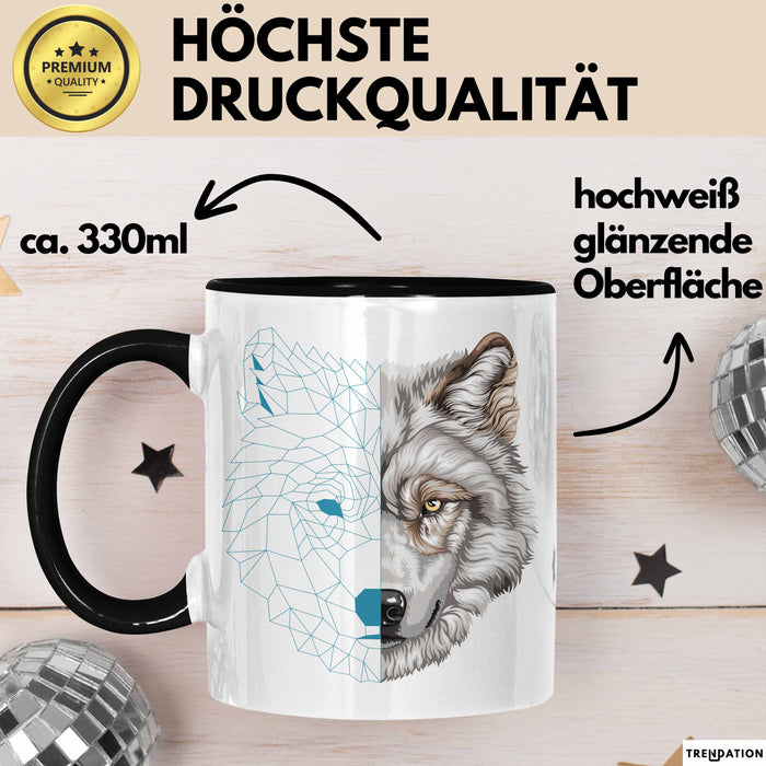 Wolf Tasse Geschenk Geometrisch Realistisch Geteilt Geschenkidee Schwarz Trendation