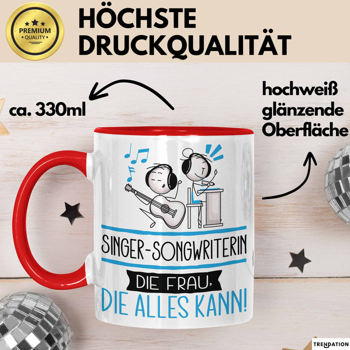 Singer-Songwriterin Geschenk Tasse Becher Die Frau Die Allen Kann Geschenkidee für eine Singer-Songwriterin Lustig Rot Trendation