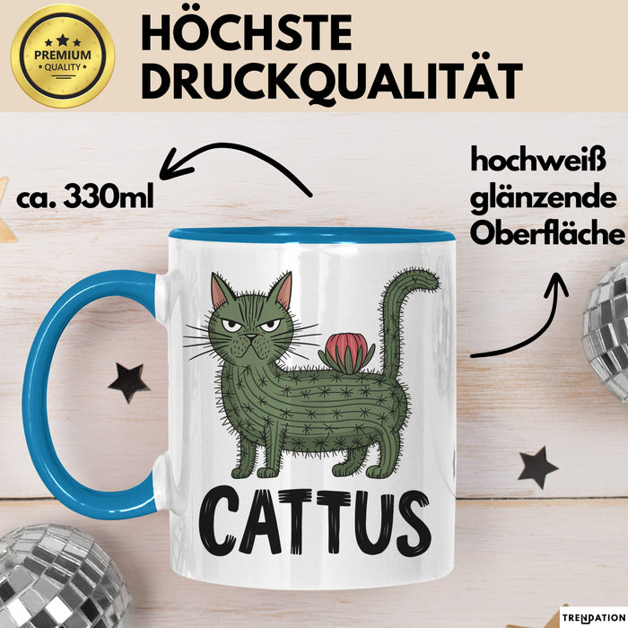 Katzen Tasse Geschenk Cattus Kaktus Geschenkidee Lustig Katze Wortspiel Blau Trendation