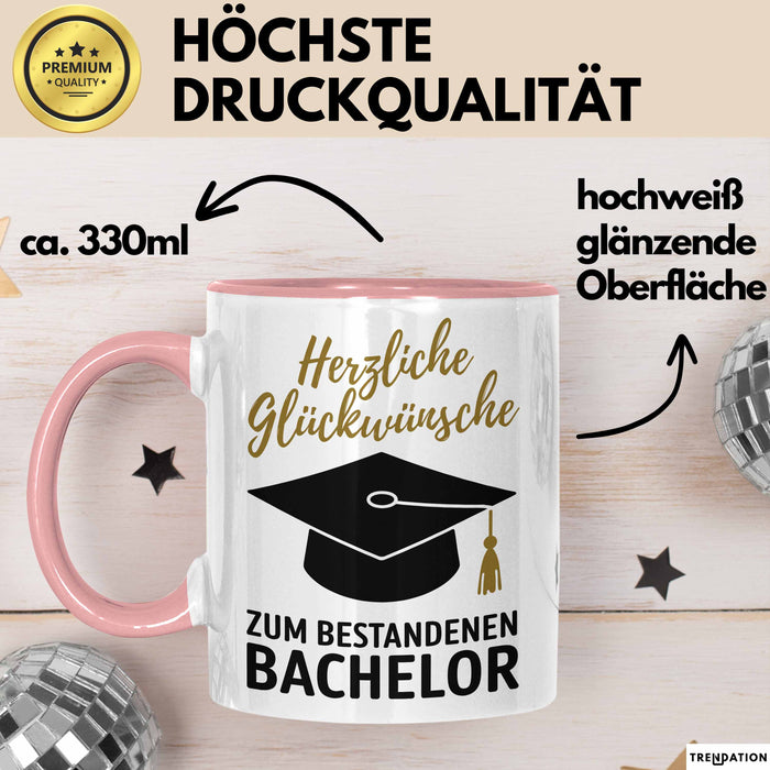 Schüler Abschluss Tasse Geschenk Lustige Geschenkidee Spruch Herzliche Glückwünsche Zum Bestandenen Bachelor Rosa Trendation