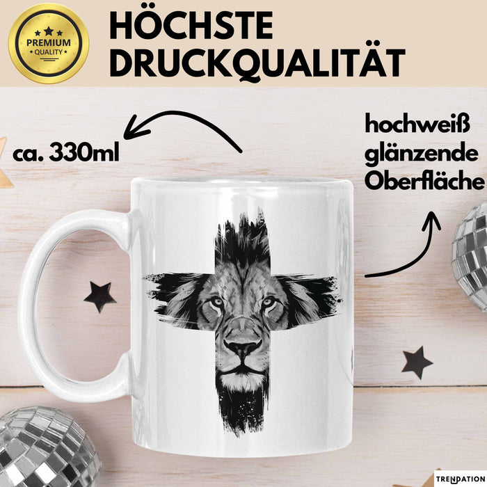 Christen Tasse Geschenk Christlich Glauben Kirche Geschenkidee Für Jesus-Fans Kreuz Löwe Weiß Trendation
