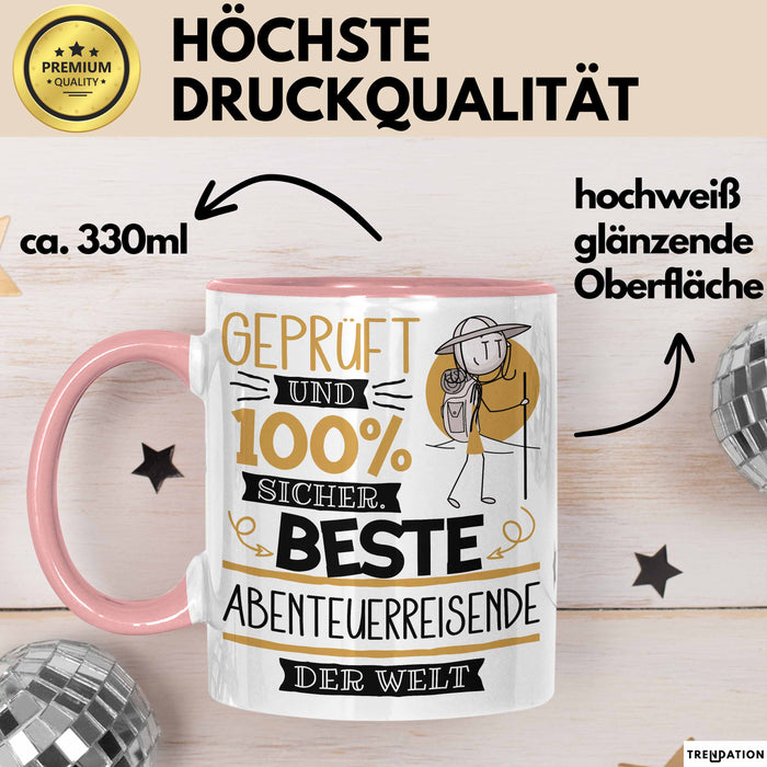 Beste Abenteuerreisende Der Welt Tasse Geschenk für Eine Abenteuerreisende Geprüft Und Sicher Geschenkidee Geburtstag Weihnachten Rosa Trendation