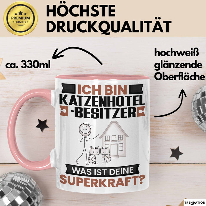 Katzenhotelbesitzer Tasse Geschenk für Katzenhotelbesitzer Geburtstag Lustiger Spruch Kaffee-Becher Was Ist Deine Superkraft Rosa Trendation