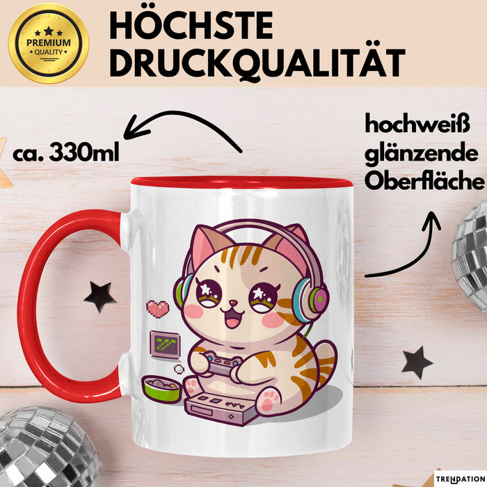 Katze Videospieler Tasse Geschenk Lustige Geschenkidee Rot Trendation