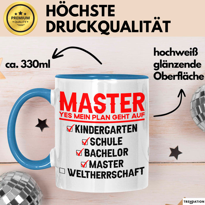Master Absolvent Abschluss Tasse Geschenk Lustige Geschenkidee Spruch Master Yes Mein Plan Geht Auf Blau Trendation