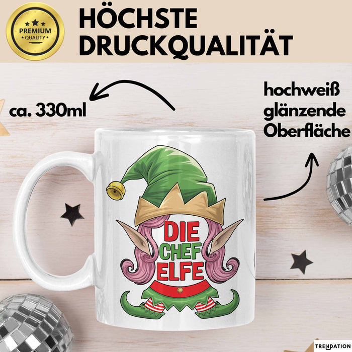 Chefin Tasse Geschenk Die Chef Elfe Geschenkidee Zu Weihnachten Für Chefin Kaffee-Becher Weiß Trendation