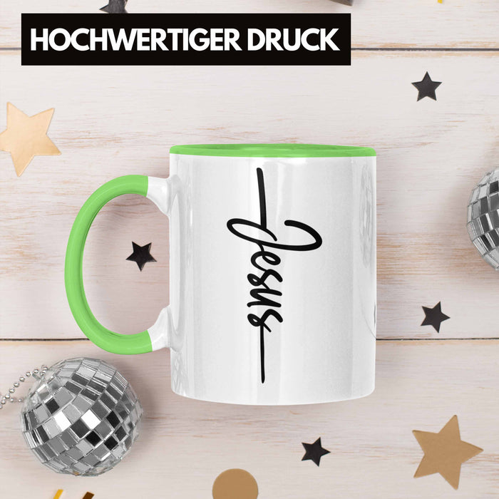 Jesus Christus Tasse Bibel Geschenk Kreuz Glauben Kirche Christliche Geschenkidee Grün Trendation