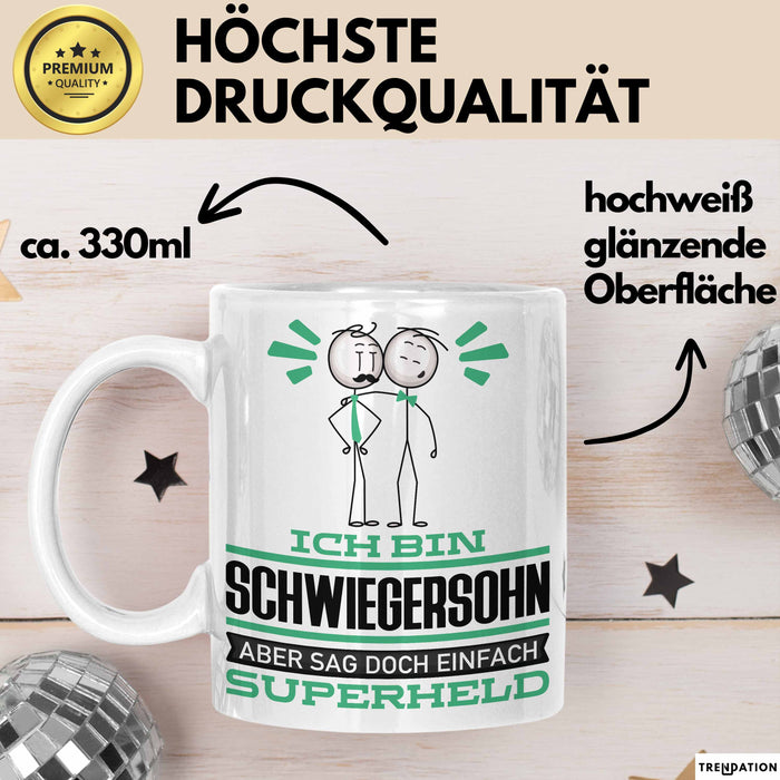 Schwiegersohn Geschenk Tasse Ich Bin Schwiegersohn Aber Sag Doch Einfach Superheld Lustige Geschenkdiee für Schwiegersohn Kaffee-Becher Weiß Trendation