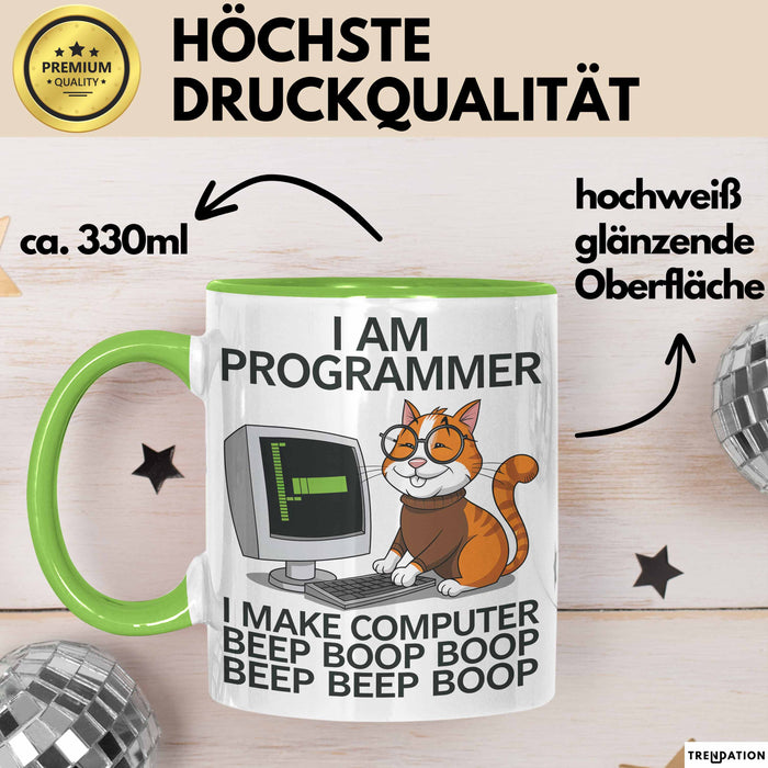 IT Techniker Computeringenieur Tasse Geschenk Lustige Geschenkidee Spruch Ich Bin Eine Programmierer Katze Grün Trendation