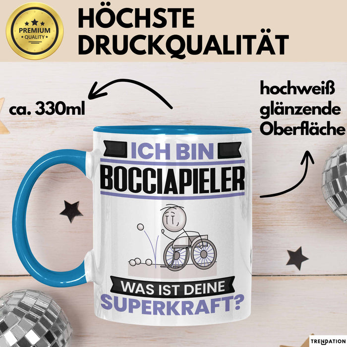 Bocciapieler Tasse Geschenk für Bocciapieler Geburtstag Lustiger Spruch Kaffee-Becher Was Ist Deine Superkraft Blau Trendation