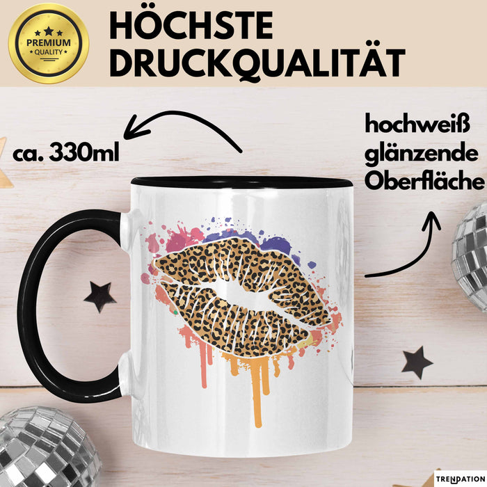 Leoparden Lippen Tasse Geschenk Cool Lips Kiss Leopardenmuster Kaffee-Tasse Geschenkidee Schwarz Trendation