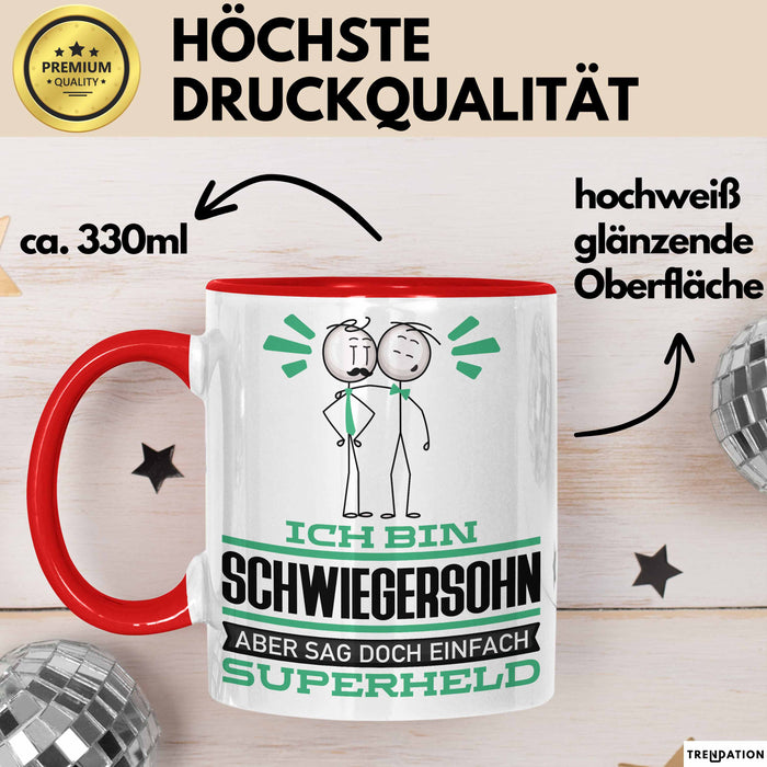 Schwiegersohn Geschenk Tasse Ich Bin Schwiegersohn Aber Sag Doch Einfach Superheld Lustige Geschenkdiee für Schwiegersohn Kaffee-Becher Rot Trendation