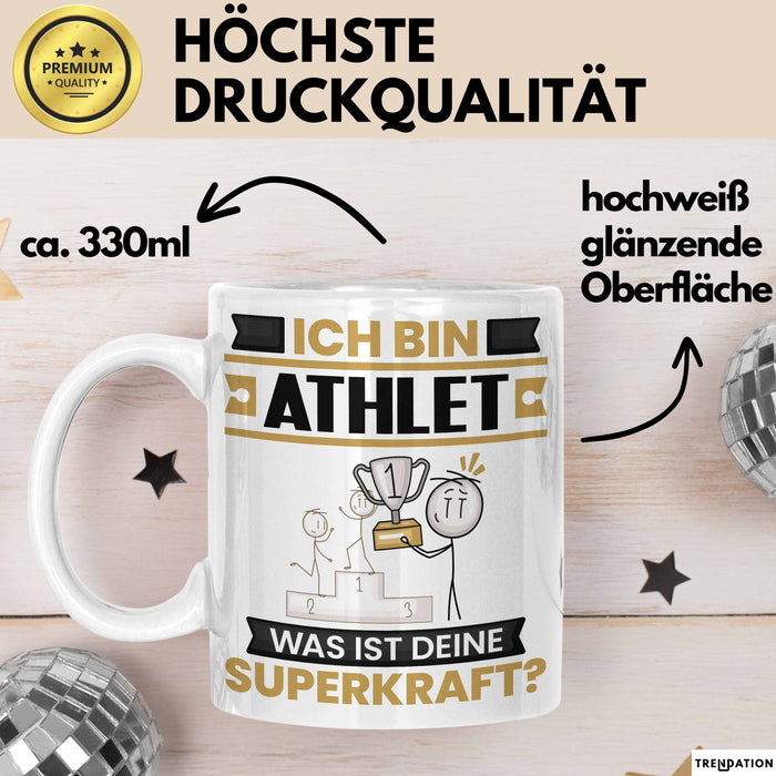 Athlet Tasse Geschenk für Athlet Geburtstag Lustiger Spruch Kaffee-Becher Was Ist Deine Superkraft Weiß Trendation