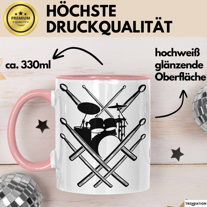 Drummer Schlagzeug-Spieler Geschenk Tasse Geschenkidee Kaffee-Becher Schlagzeuger Schlagzeug Stick Rosa Trendation