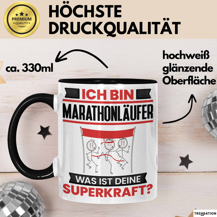 Marathonläufer Tasse Geschenk für Marathonläufer Geburtstag Lustiger Spruch Kaffee-Becher Was Ist Deine Superkraft Schwarz Trendation
