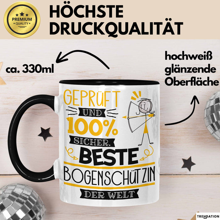 Beste Bogenschützin Der Welt Tasse Geschenk für Eine Bogenschützin Geprüft Und Sicher Geschenkidee Geburtstag Weihnachten Schwarz Trendation