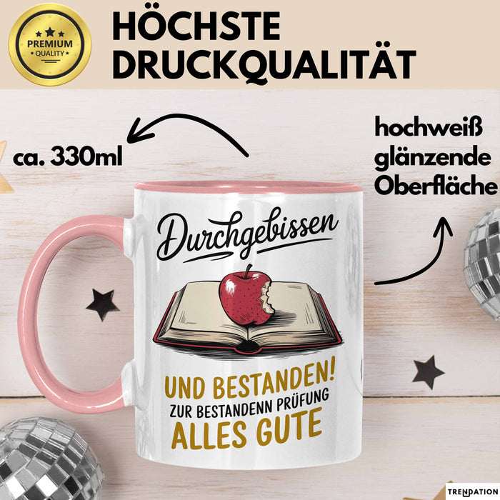 Schüler Abschluss Tasse Geschenk Lustige Geschenkidee Spruch Durchgebissen Und Bestanden Rosa Trendation