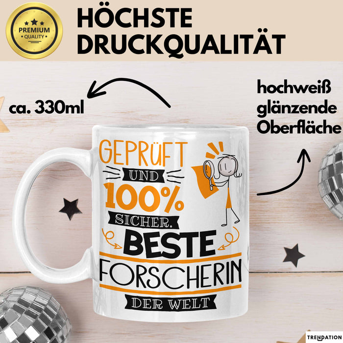 Beste Forscherin Der Welt Tasse Geschenk für Eine Forscherin Geprüft Und Sicher Geschenkidee Geburtstag Weihnachten Weiß Trendation