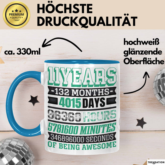 11. Geburtstag Tasse Geschenk Jungs Mädchen Becher Lustig Blau Trendation
