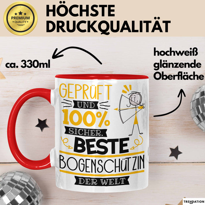 Beste Bogenschützin Der Welt Tasse Geschenk für Eine Bogenschützin Geprüft Und Sicher Geschenkidee Geburtstag Weihnachten Rot Trendation