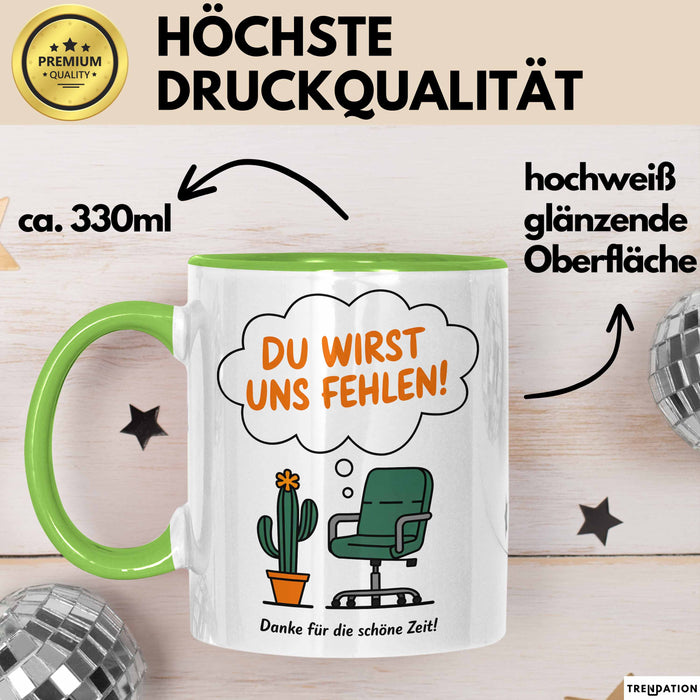 Büroarbeit Kollege Abschied Tasse Geschenk Lustige Geschenkidee Spruch Du Wirst Uns Fehlen Danke Für Die Schöne Zeit Grün Trendation